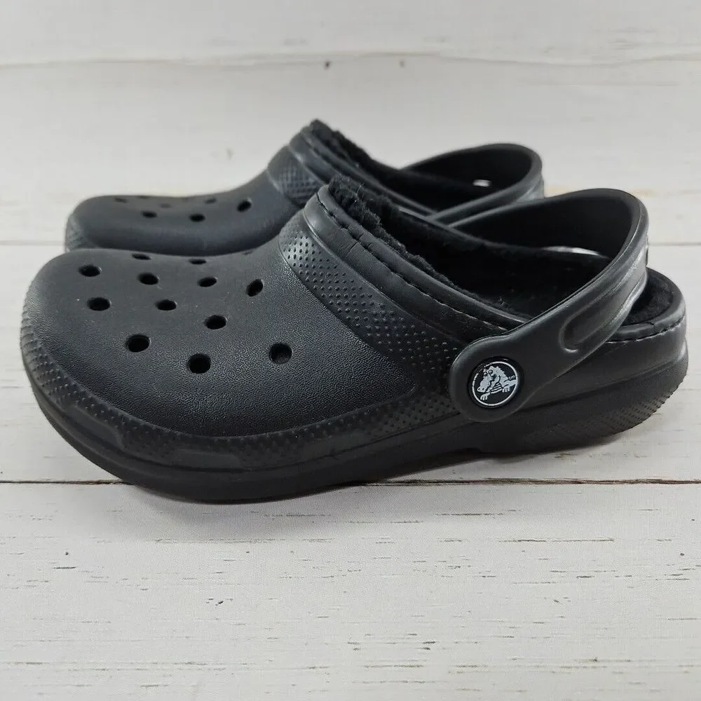 Crocs Youth Size J1 Black‎ Faux Fur Lined Clogs Slip On Shoes Slingback 203506